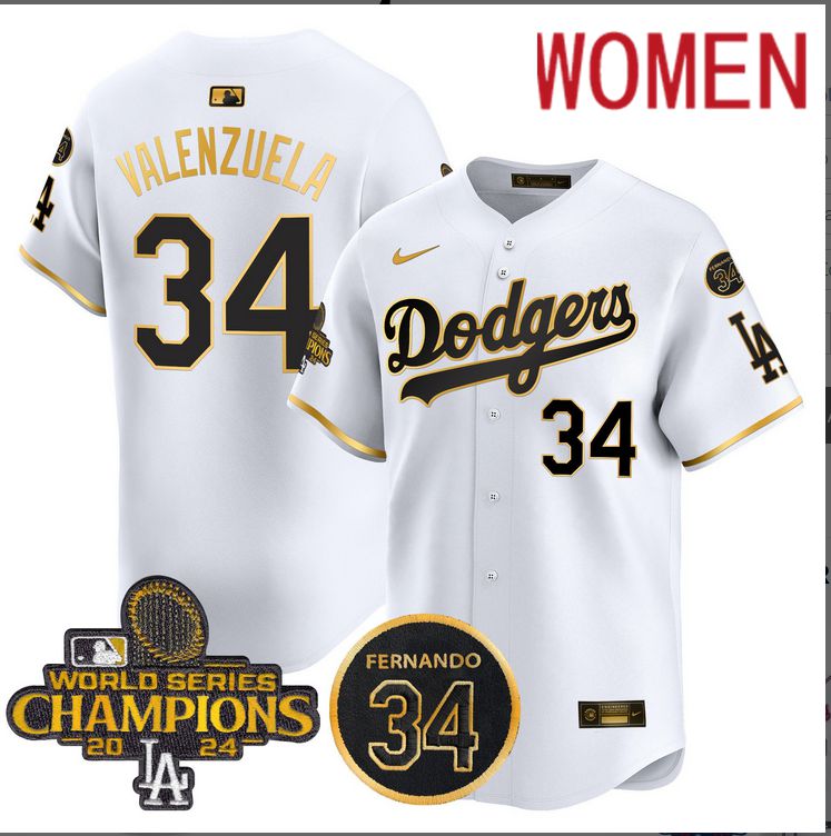 Women MLB Los Angeles Dodgers #34 Valenzuela white 2024 World Series Champions Patch Limited Jersey style 3